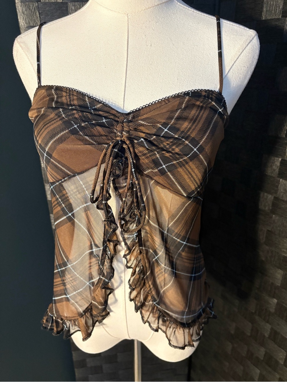 Good Days Project Brown Plaid Mesh Cami Top M Fairy Grunge Y2K